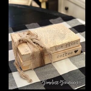 Rustic Primitive Hand Stamped Bookstack Coffee Decor